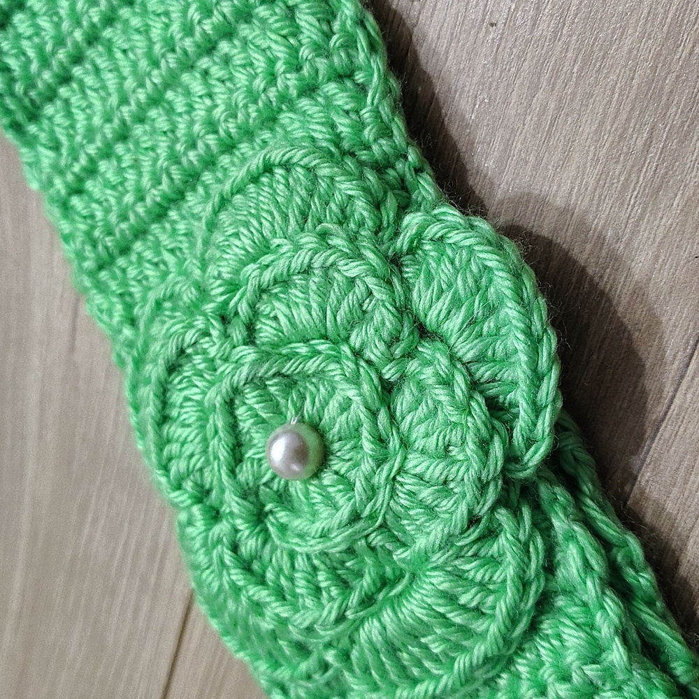 Green Crochet Headband with Flower,  Handmade Ladies Winter Headband - Picture 3 of 7